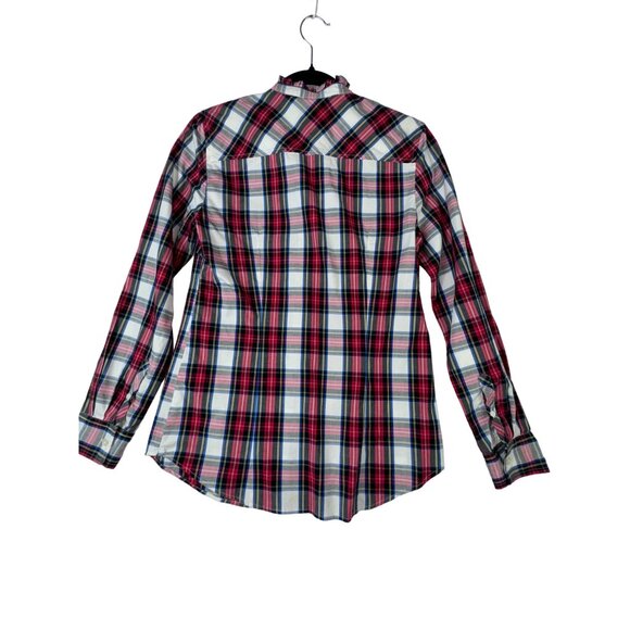 J.Crew XS Womens Plaid Button-Down Shirt With Ruffled Collar Red White Preppy - Picture 2 of 5
